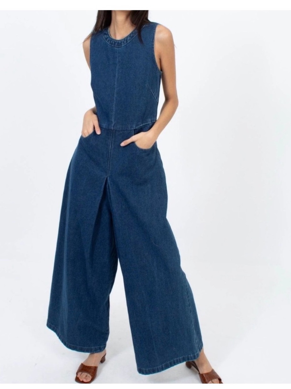 Caara Sleeveless Wide-Leg Pleated Denim Jumpsuit - Vintage Blue Sz S